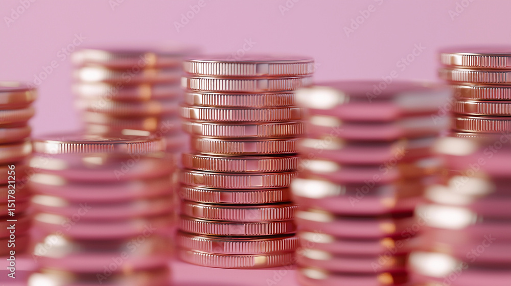 Poster stacks of rose gold coins arranged on a pink surface in a macro shot with shallow depth of field