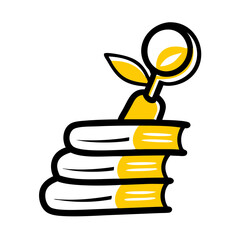 Stack of books with sprout and magnifying glass on transparent background for web and graphic design