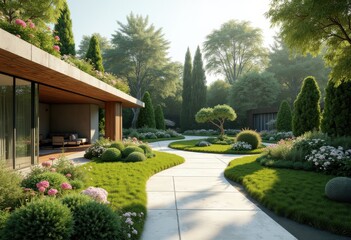contemporary garden design featuring geometric pathways brilliant landscape geometry plants structure aesthetic, urban, patterns, architecture
