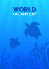 A poster for World Oceans Day featuring two turtles swimming in the ocean. The poster is blue and white