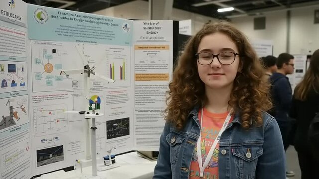 Young researcher presenting innovative project on renewable energy at science fair with posters