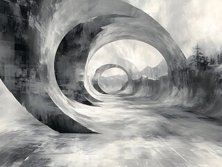 Monochromatic surrealistic tunnel perspective artwork with trees on the horizon