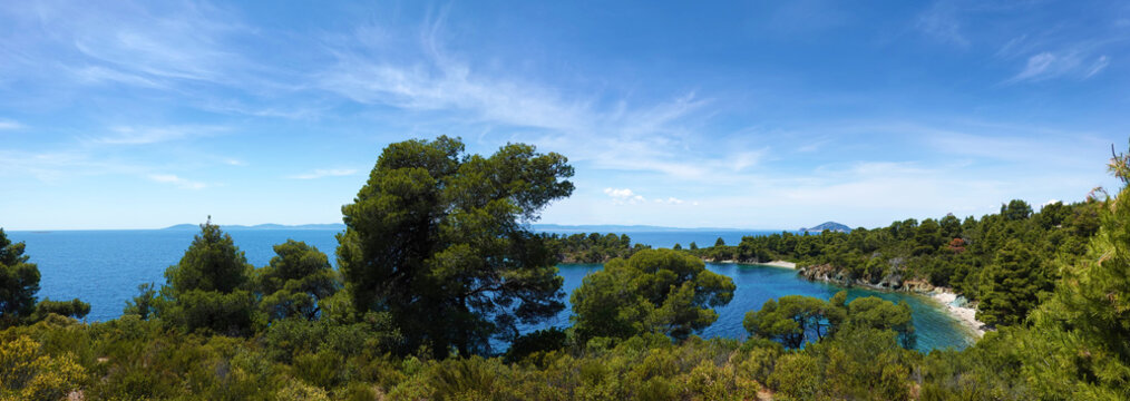 Panoramic view over the mediterreanean sea from Sithonia to Cassandra, Chalkidiki, Greece