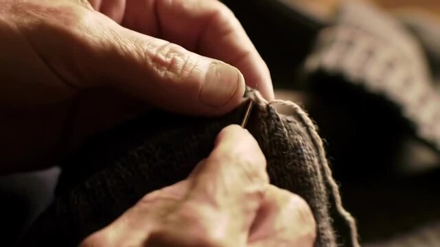 Skillful hands mending wool: closeup of needlework and craftsmanship in action