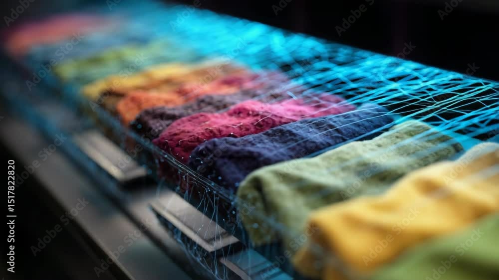 Poster automated production line processing colorful socks using innovative technology with a digital netwo