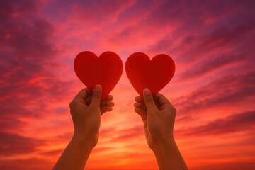 Two hands hold red heart-shaped cutouts against a beautiful sunset sky, symbolizing love and connection