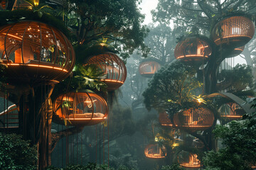 Futuristic treehouse village nestled in rainforest canopy, where eco-architecture harmonizes with lush natural beauty.