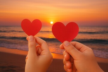 Two hands hold red heart cutouts against a beautiful sunset over the ocean, symbolizing love and connection