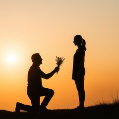 A man kneels and offers flowers to a woman during sunset, symbolizing love, affection, and a romantic gesture