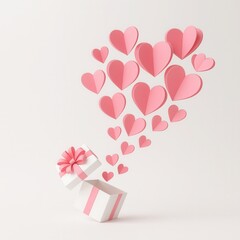 A white gift box with pink ribbons releases floating paper hearts, symbolizing love, affection, and thoughtful giving