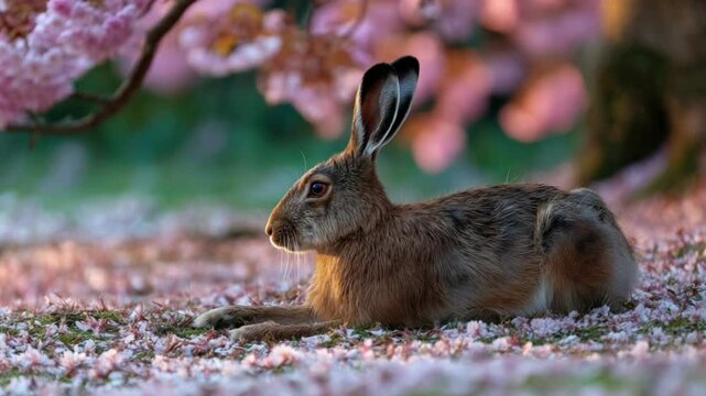 Springtime Hare's Serenity: A serene hare rests amidst a delicate carpet of blossoms under the boughs of a blooming tree, capturing the essence of spring's gentle beauty.