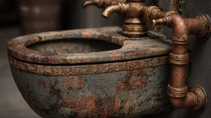 Antique Flush Toilet with Copper Pipes Captured in Detail from a Unique Perspective
