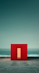 Red Shipping Container on Coastline at Dusk