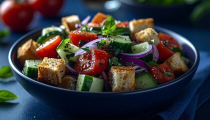 Panzanella Salad with Bread Cubes and Tomatoes. Traditional Italian Food