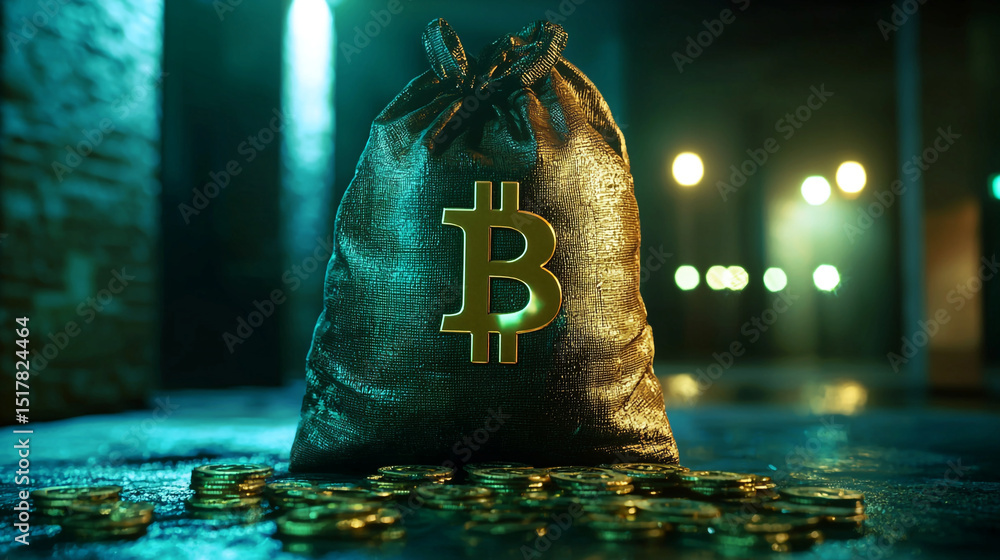 Poster a sack with bitcoin symbol and scattered coins on a wet surface in a dark and moody environment