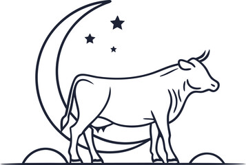 Line Art Cow with Crescent Moon in Rural Setting Illustration for Eid al-Adha Card