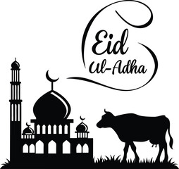 Eid al-Adha Silhouette with Mosque and Cow Illustration for Festive Greetings
