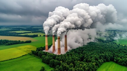 Aerial View of Industrial Smokestacks and Green Landscape