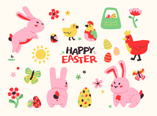 Easter vector illustration collection – Cute bunny, eggs, chicks, flowers – Spring holiday pack
