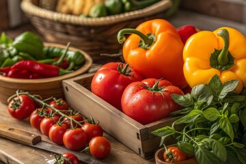 Plant based cuisine fresh vegetable Fresh vegetables including peppers, tomatoes, and herbs arranged in a rustic setting.