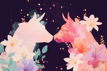 Abstract illustration of two colorful bull silhouettes surrounded by blooming flowers on dark background. Romantic, dreamy artwork perfect for zodiac, love, or spring-themed designs..
