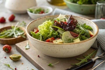 Plant based cuisine fresh vegetable Fresh salad in a rustic bowl, garnished with greens, tomatoes, and herbs on a wooden board.