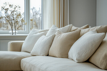 Cozy beige and white sofa with multiple pillows near a window with curtains