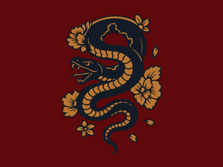 Asian Snake with Flowers Tattoo Style Illustration on Red
