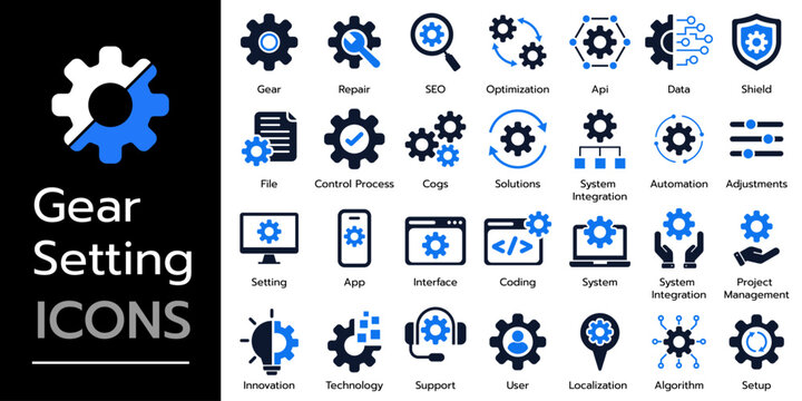 Set icon Gear Setting. progress, configuration, system, adjustments, operation, control panel, optimization and setup icons.  Solid vector icons collection.