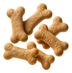 A collection of bone-shaped dog biscuits in a natural brown color, depicting pet treats in various orientations on transparent background.