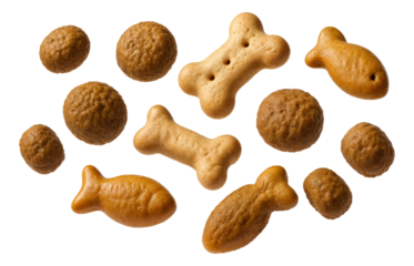 Assorted pet treats in various shapes including bones, fish, and round pellets on transparent background.