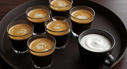 Six Cups of Aromatic Coffee with Creamy Topping on a Dark Tray
