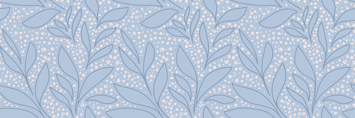 Seamless vector pattern featuring abstract botanical leaves outlined on a pastel, soft blue background, accented with hand drawn dots. Simple trendy design for textiles, packaging, wallpaper