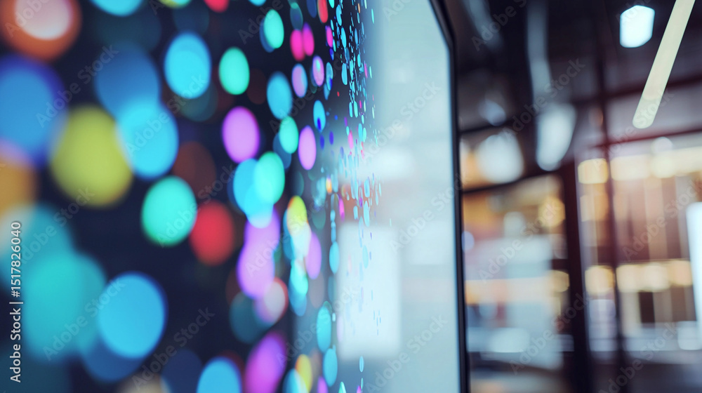 Poster a close up view of a screen displaying blurred colorful lights in an office setting indoors