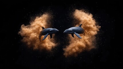 Two Whales Leaping in Brown Dust Cloud Against Black Background