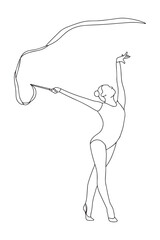 Young professional gymnast performing a ribbon dance. Sport and healthy lifestyle concept. Black and white doodle style illustration on white background. Hand drawn vector. Vector 