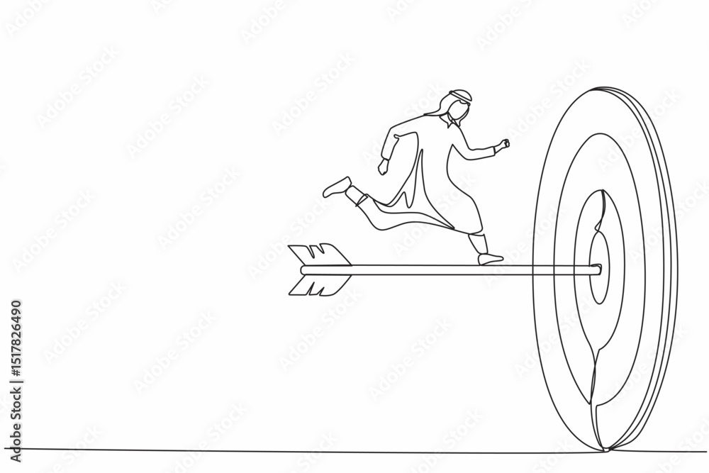 Aufkleber single continuous line drawing arabian businessman run to bullseye with dart. reach target success. 