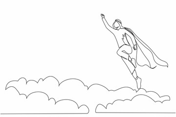 Continuous one line drawing super Arabian businessman flying up from cloud. Business leadership. Business finance success concept. Creative idea. Single line draw design vector graphic illustration