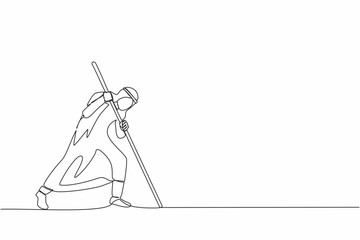 Continuous one line drawing Arabian businessman mark goal with arrow. Man holding arrow, hits target on ground. Achieving goals. Focus marketing target strategy. Single line draw design vector graphic
