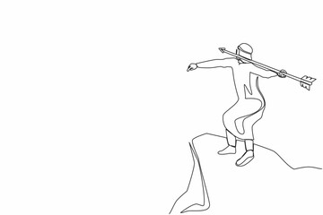 Single continuous line drawing strong Arabian businessman throwing rising up arrow to achieve goal. Business growth, success and improvement concept. One line draw graphic design vector illustration