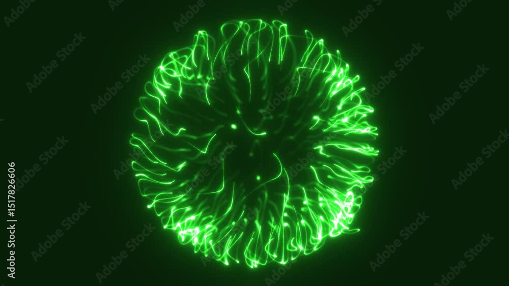 Poster abstract glowing green sphere composed of dynamic light trails on a dark background, representing en