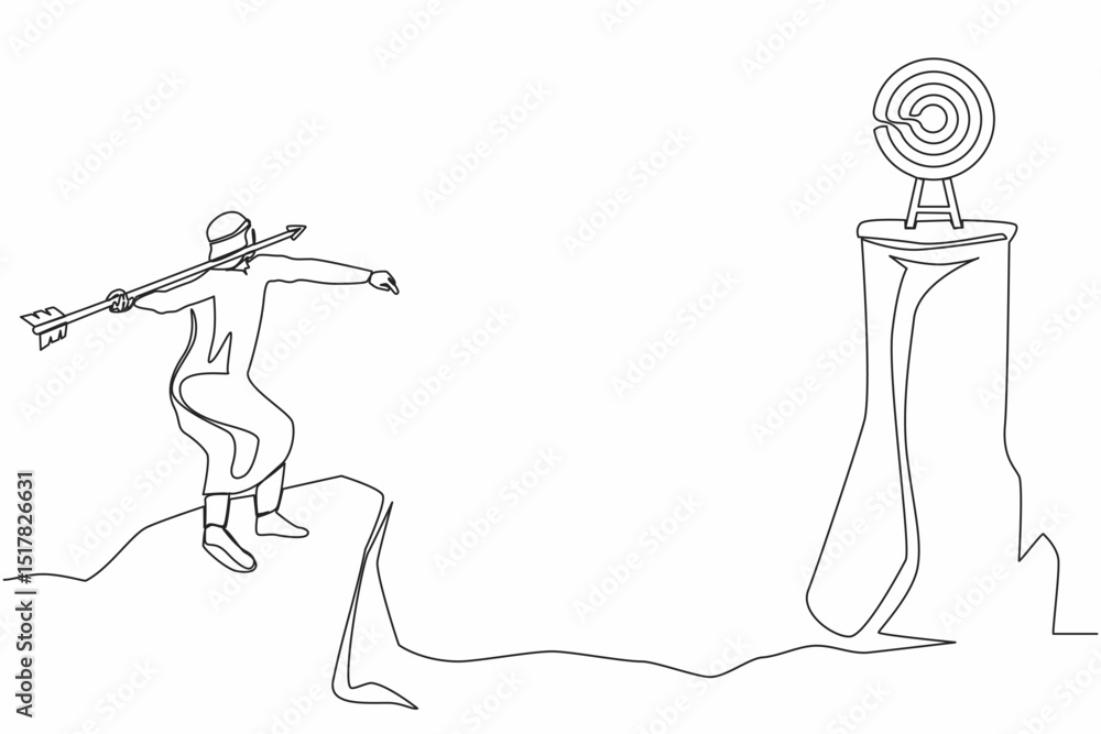 Poster continuous one line drawing arab businessman standing on peak of cliff targeting dartboard with big 