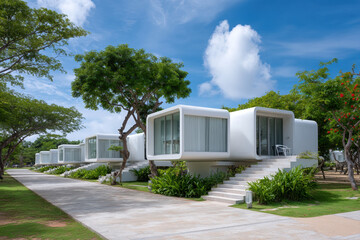 serene eco hotel featuring modern capsule houses set in open landscape under clear blue sky