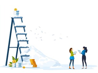 Two Women Discuss Business Strategy Near a Snow-Covered Progress Ladder