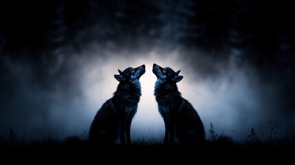 Two Wolves Howling Under a Starry Moonlight Night Sky