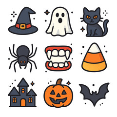 Fototapeta premium Halloween icons of witchs hat, ghost, and black cat. Perfect for holiday designs, party invitations, and spooky decorations.