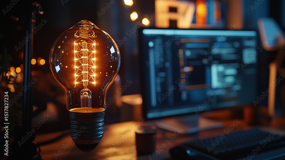 Poster a glowing lightbulb in focus with a computer screen and other objects blurred in the background