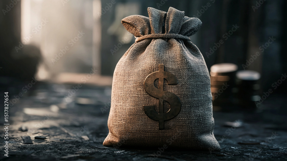 Poster a burlap sack with a dollar sign on it sitting on a dark surface with coins in the background
