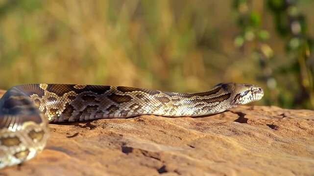 African Rock Python Stretched Across Flat Rock in Warm Savannah Landscape