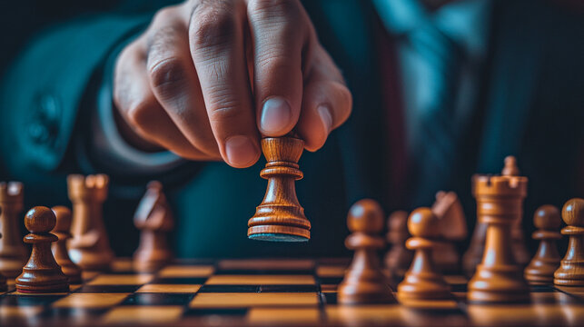 A hand moving a chess pawn piece on a chessboard with other chess pieces in the background